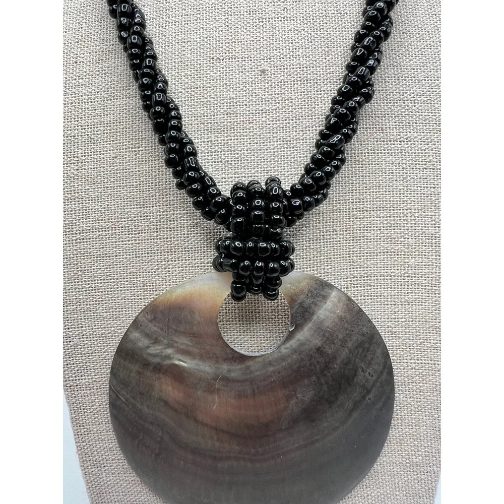 Black Seed Bead Necklace Shell Pendant Coastal Boho Statement Black Shell